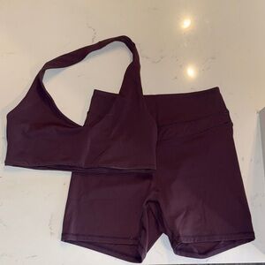 Burgundy Halter Sports Bra and High-Waist Bike Shorts Set